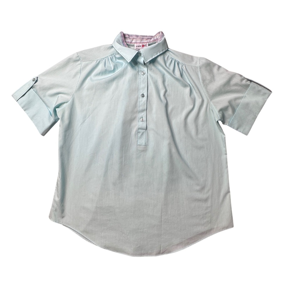 Vintage‎ Square One Blouse Womens L Blue Popover Short Sleeve Plaid Collar USA